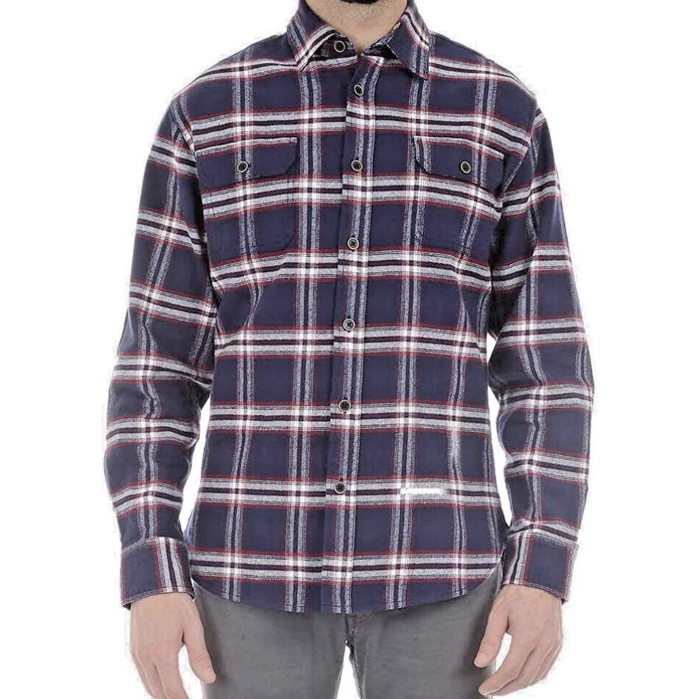 JACHS New York Mens Heavyweight Flannel Plaid Button Up Shirt Navy Red Large